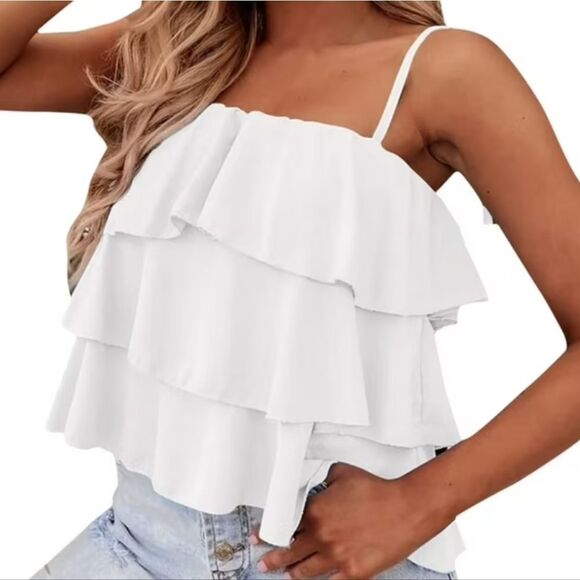 Monteau LA White Ruffle Tier Sleeveless Cami Tank Top Size XL NWT - Picture 11 of 11